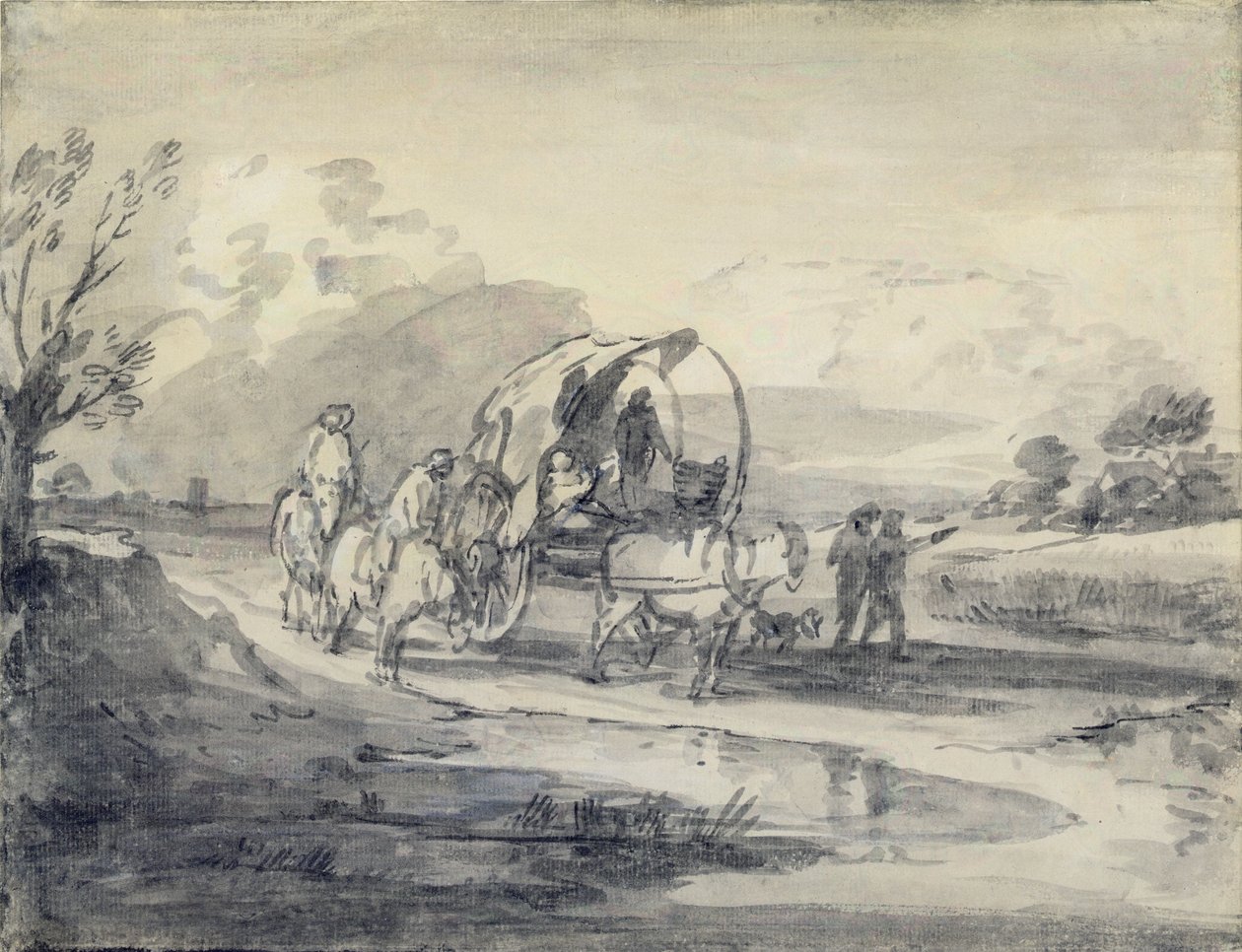 Avoin maisema, jossa paimen ja katettu kärry, n. 1780-85 (harmaa ja musta pesu ja liitu asetettu paperille) tekijältä Thomas Gainsborough