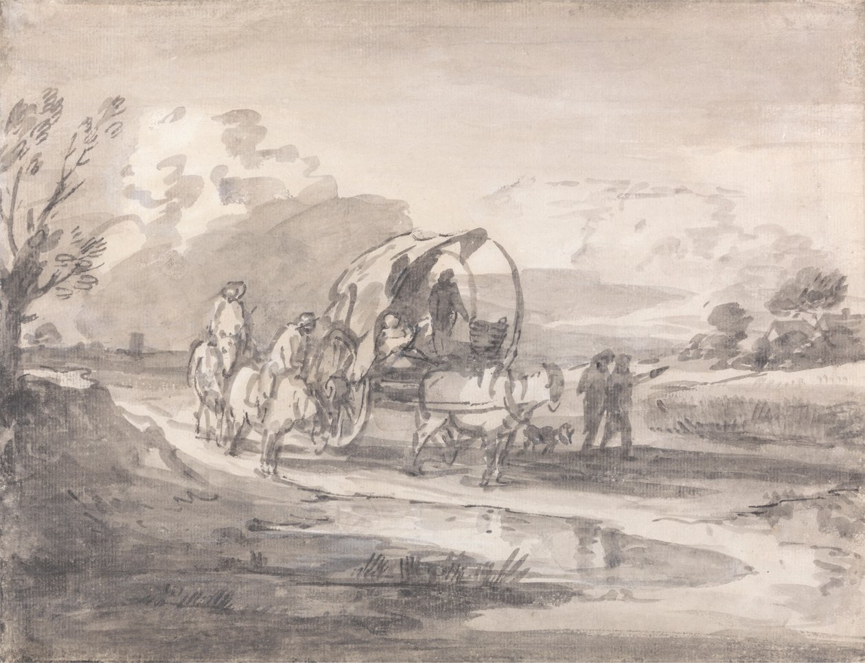 Avoin maisema ratsumiehillä ja katetulla kärryllä tekijältä Thomas Gainsborough
