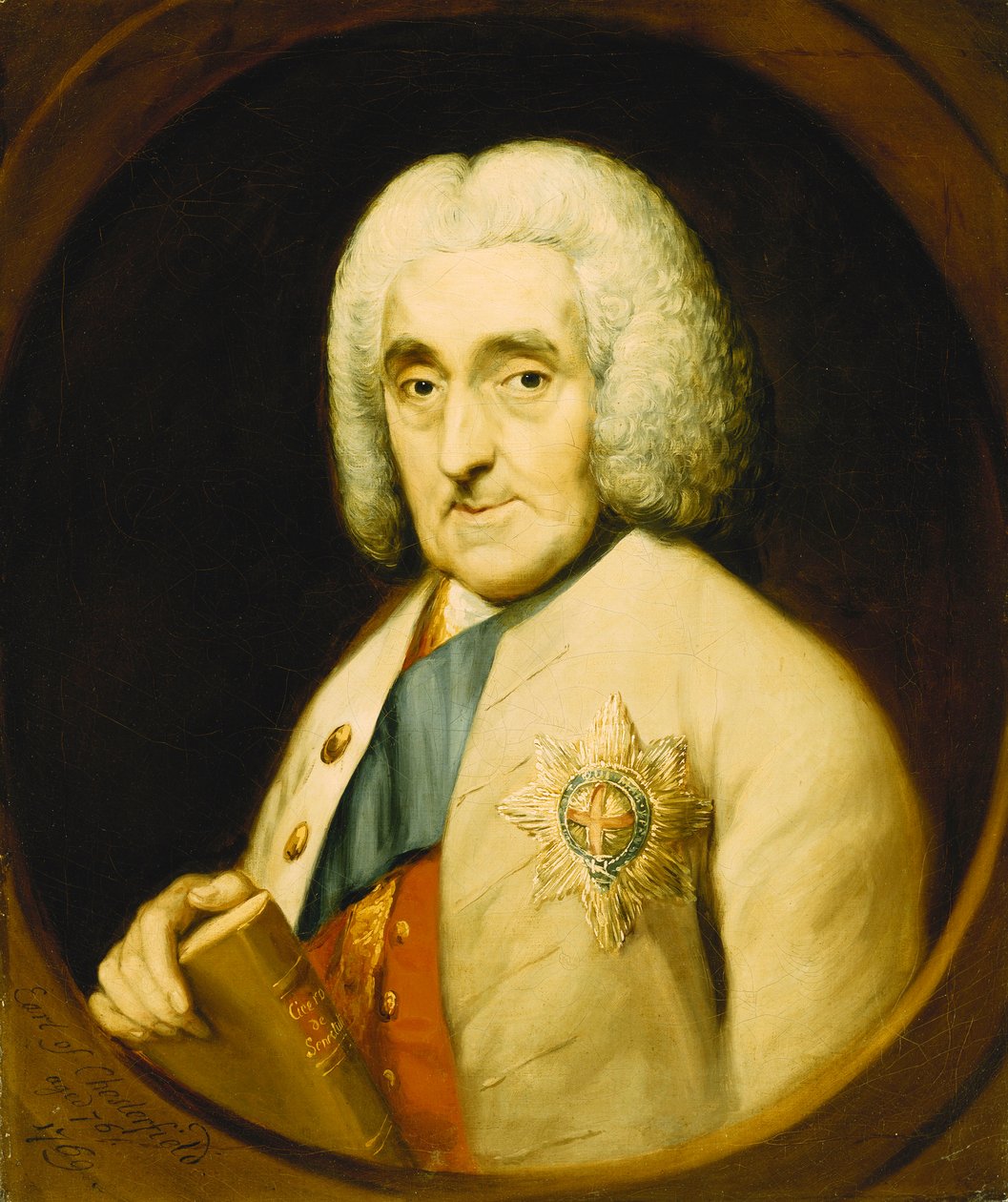 Lord Chesterfieldin muotokuva, rinnan pituus, sukkanauhan ritari yllään, pitelee kirjaa, maalatussa soikeassa, 1769 tekijältä Thomas Gainsborough