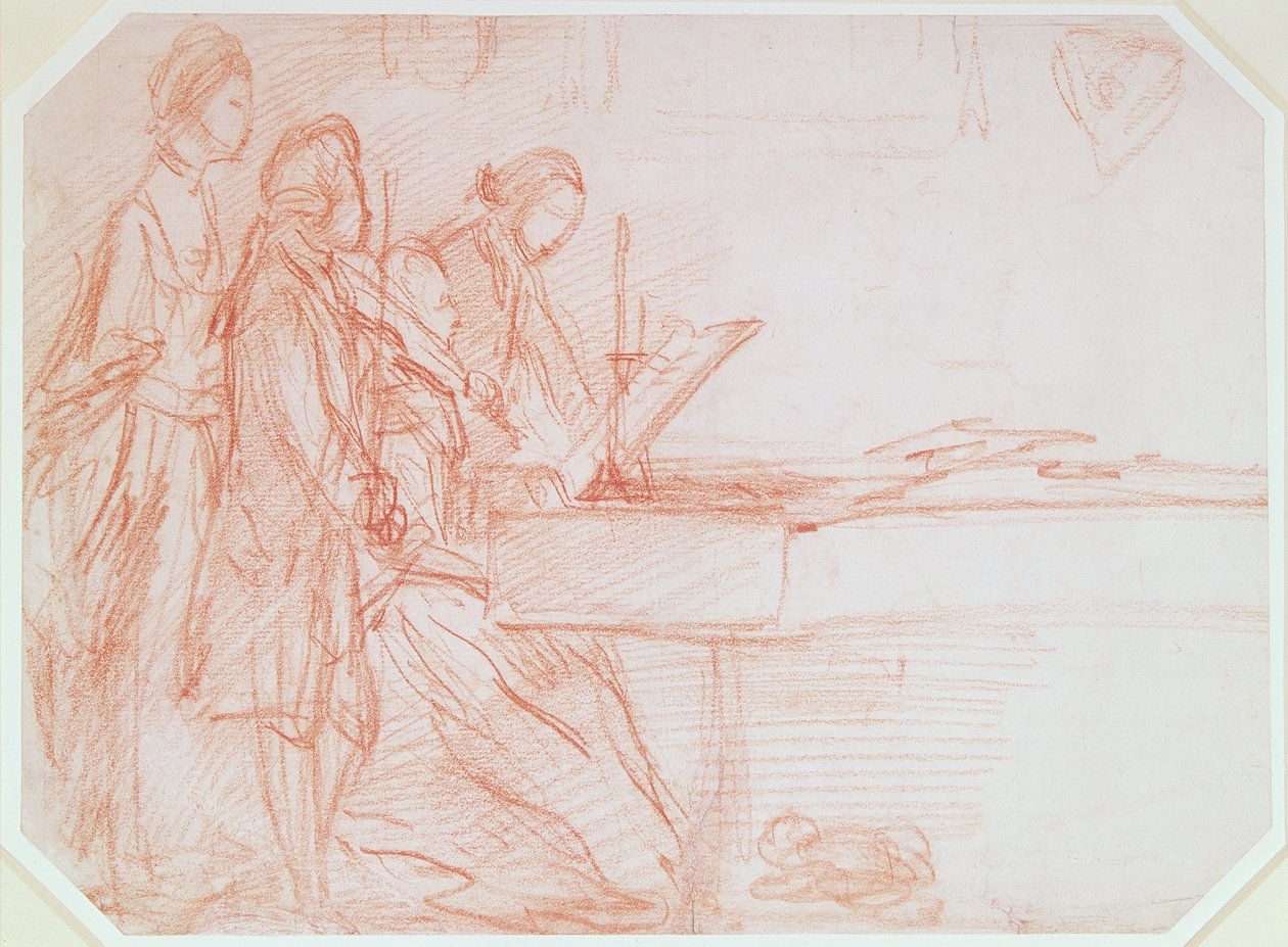 Tutkimus musiikkibileiden ryhmäkuvaa varten, n. 1770 (punainen liitu paperille) tekijältä Thomas Gainsborough