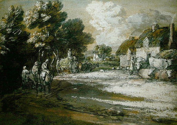 Travellers Passing a Village (mustavalkoinen liitu paperille) (mustavalkoinen liitu paperille) tekijältä Thomas Gainsborough
