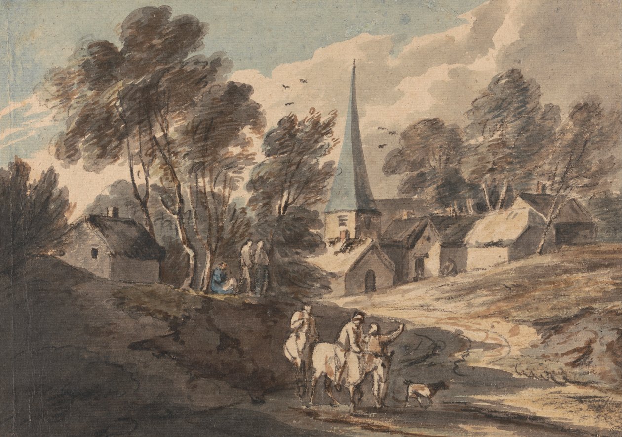 Matkustajat hevosella lähestymässä kylää tornin kanssa tekijältä Thomas Gainsborough