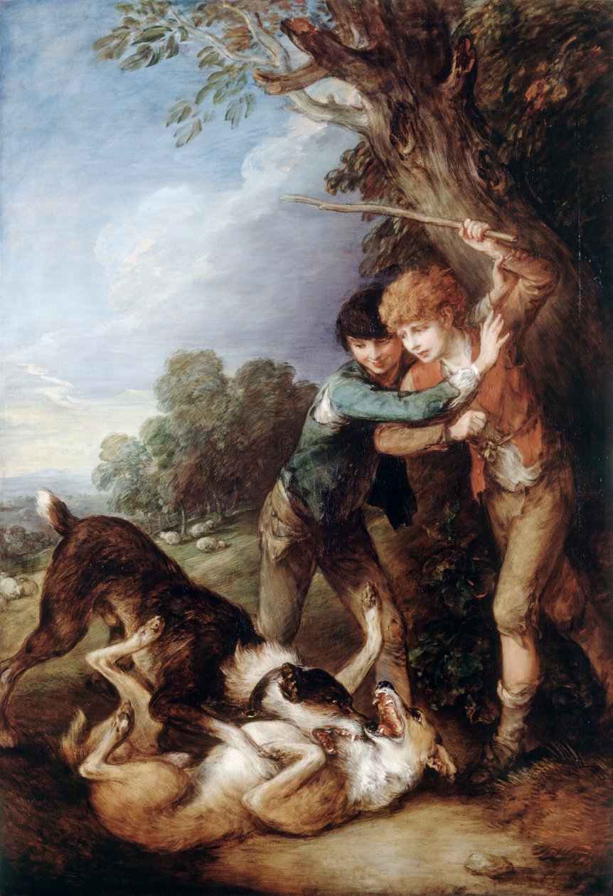 Kaksi paimenpoikaa koirien kanssa tappelemassa (öljy kankaalle) tekijältä Thomas Gainsborough