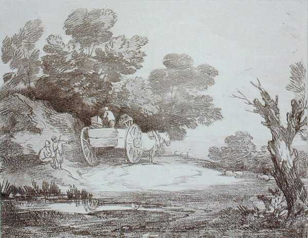 Metsäinen maisema, maalaiskärry ja hahmoja (kaiverrus) (kaiverrus) tekijältä Thomas Gainsborough