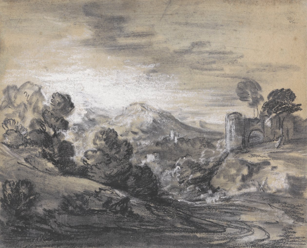 Metsäinen maisema linnan kanssa tekijältä Thomas Gainsborough