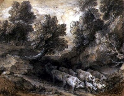 Metsäinen maisema karjan ja vuohien kanssa, n. 1768-72 (mustavalkoinen liitu paperille) tekijältä Thomas Gainsborough