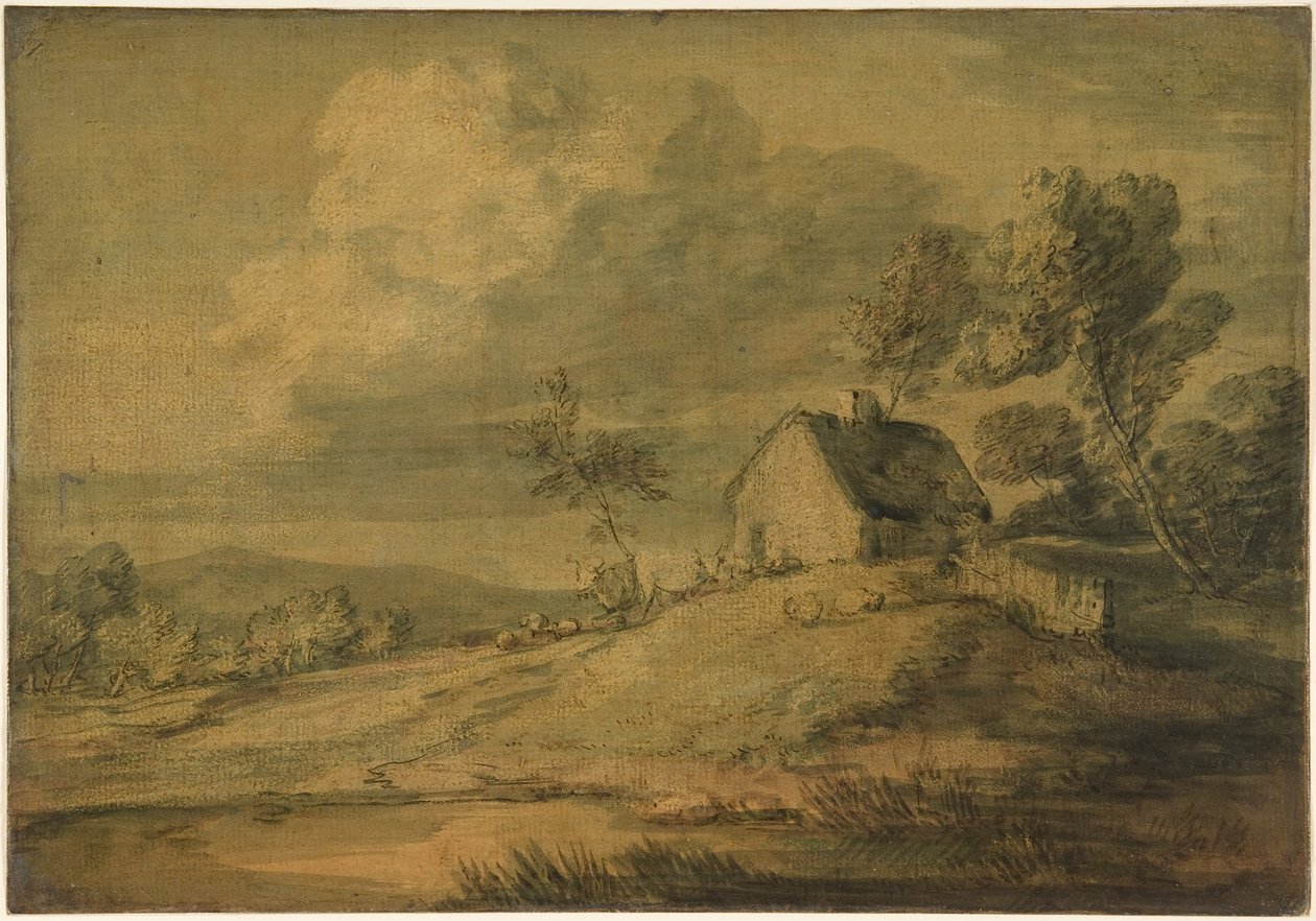 Metsäinen maisema, jossa on mökki, lehmiä ja lampaita tekijältä Thomas Gainsborough