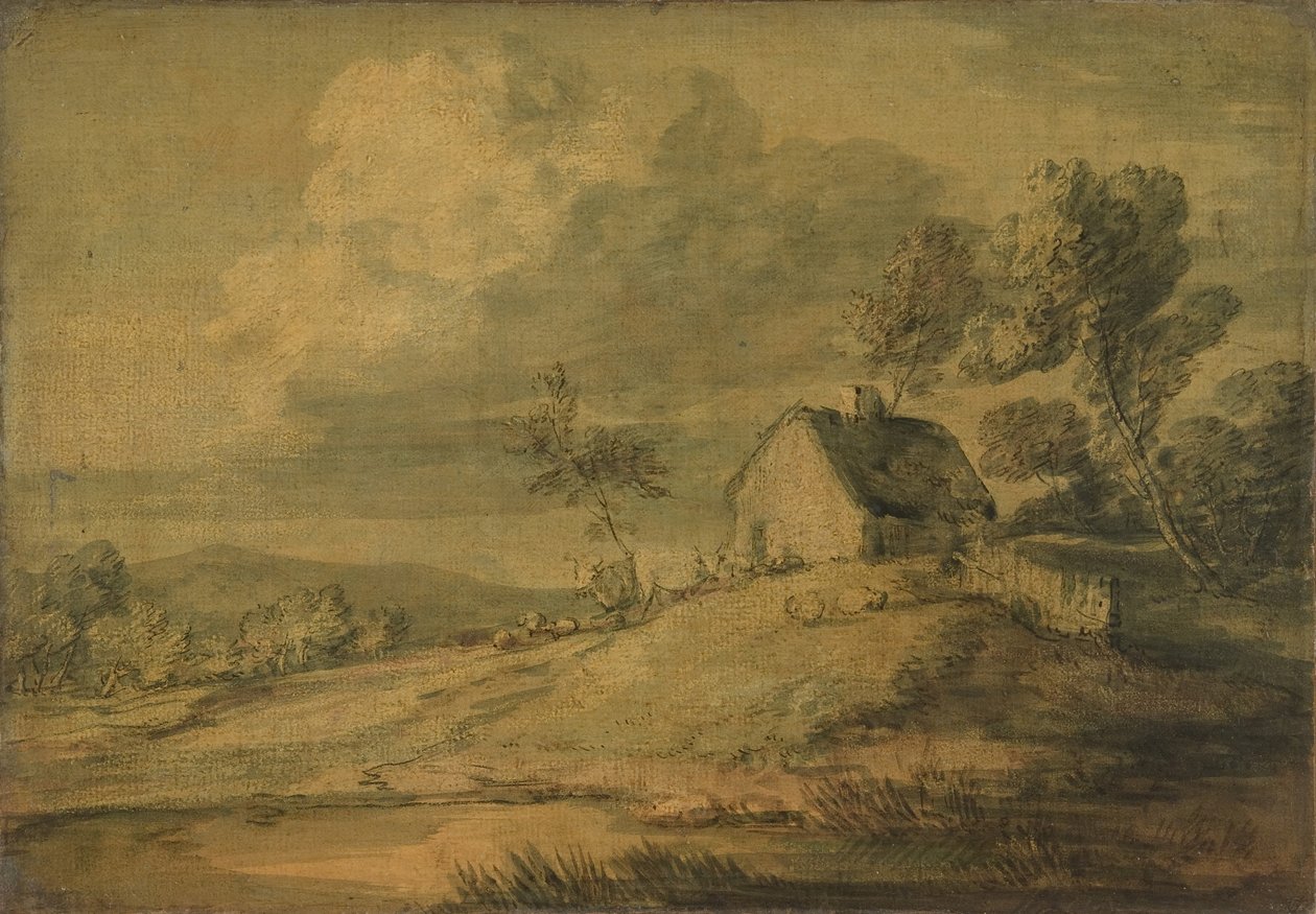 Metsäinen maisema mökillä, lehmiä ja lampaita, n. 1770. tekijältä Thomas Gainsborough