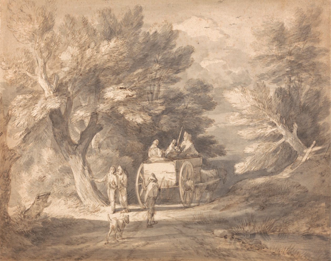 Metsäinen maisema maakärryillä ja kaistalla käveleviä hahmoja tekijältä Thomas Gainsborough