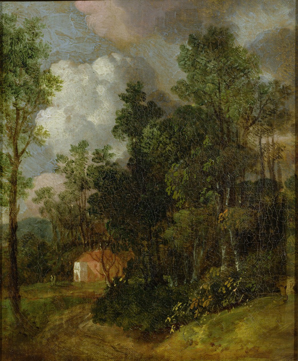 Metsäinen maisema maalaistalolla ja kahdella hahmolla, n. 1752 (öljy kankaalle asetettu kankaalle) tekijältä Thomas Gainsborough