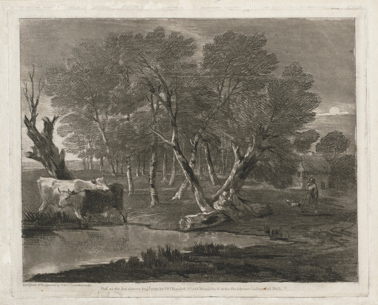 Metsäinen maisema, jossa lehmiä uima-altaan, hahmojen ja mökin vieressä tekijältä Thomas Gainsborough