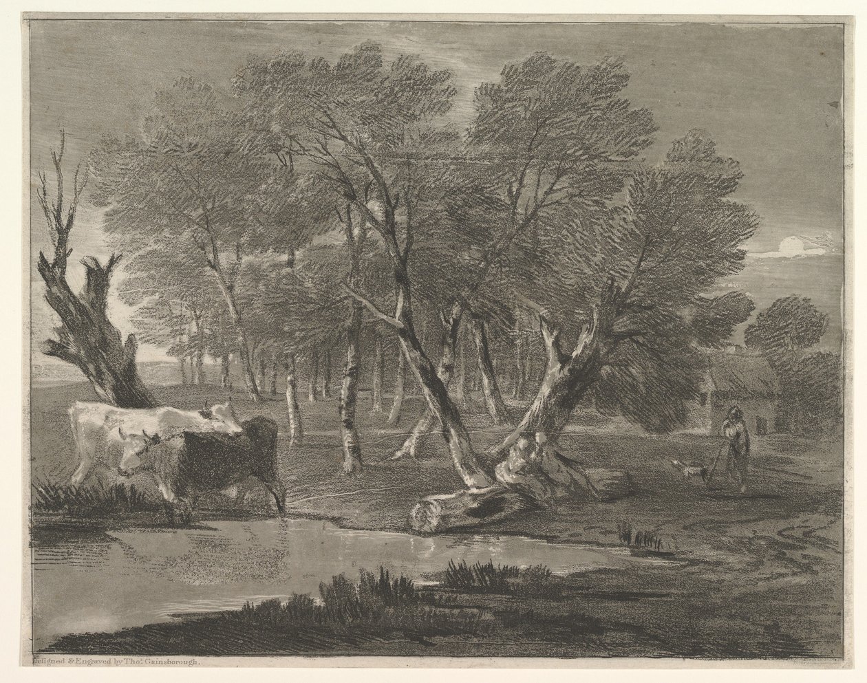 Metsäinen maisema, jossa lehmiä uima-altaan vieressä, hahmoja ja mökki, 1775-80. tekijältä Thomas Gainsborough