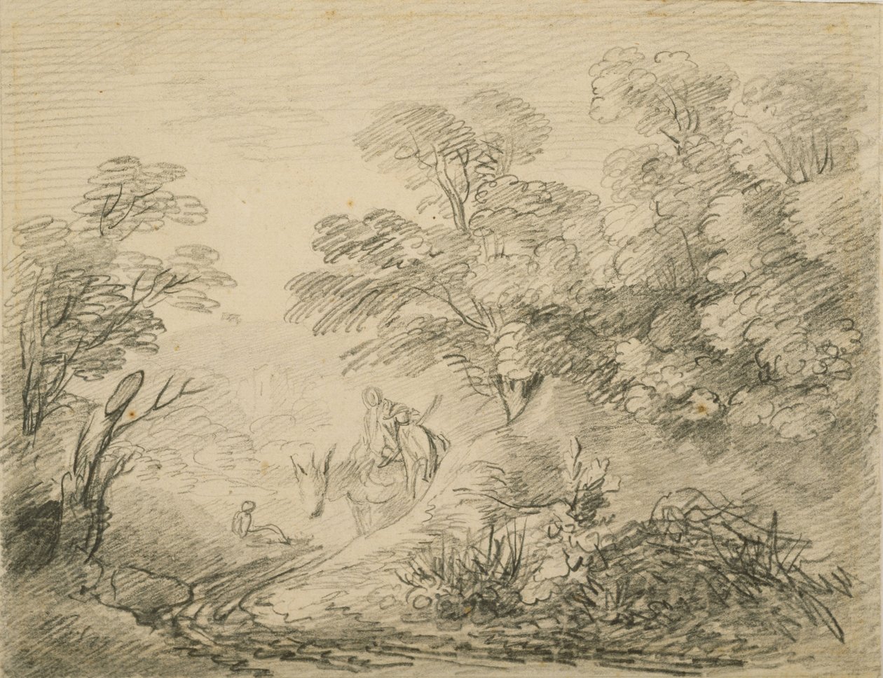 Metsäinen maisema aasilla ja hahmoilla, n. 1759 (grafiitti paperille) tekijältä Thomas Gainsborough