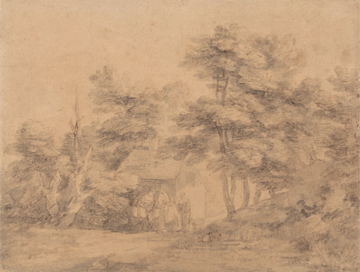 Metsäinen maisema hahmoilla, aasilla ja mökillä tekijältä Thomas Gainsborough