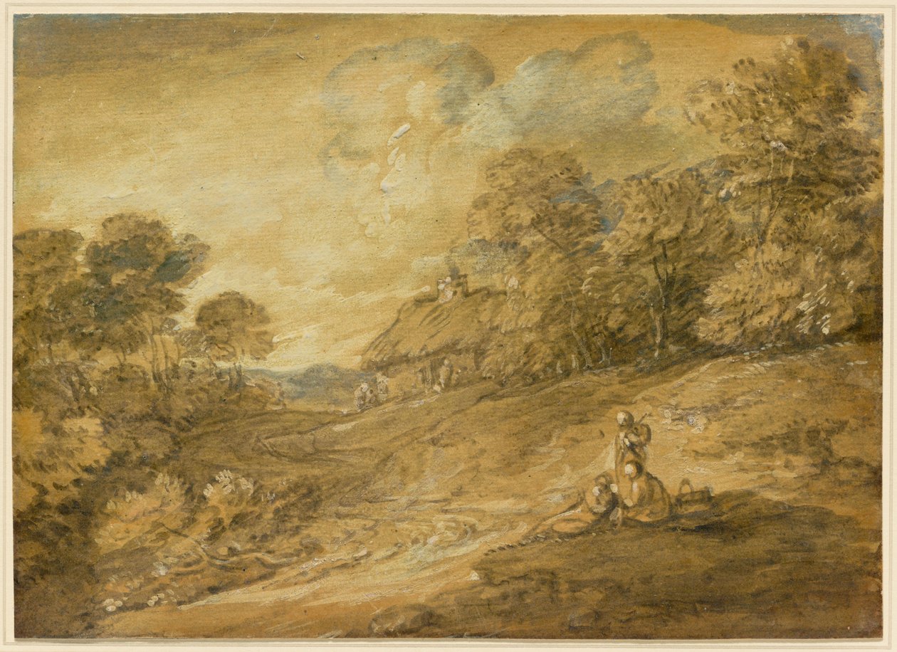 Waldlandschaft mit Figuren und gewundenem Pfad zu einem Cottage tekijältä Thomas Gainsborough