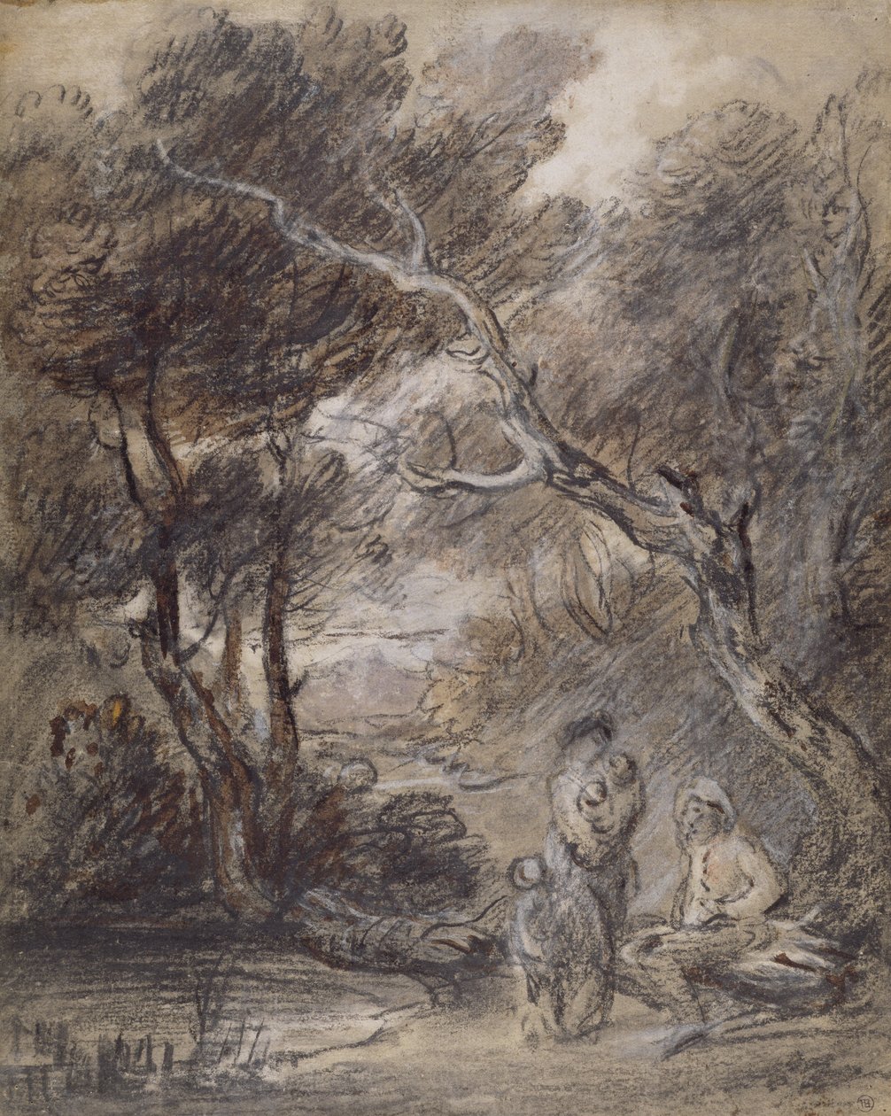 Metsäinen maisema hahmoineen, n. 1788 (liitu, pesu ja guassi paperille) tekijältä Thomas Gainsborough