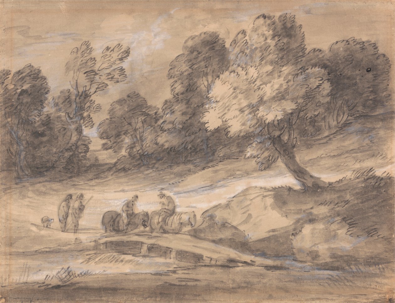 Metsäinen maisema, jossa hahmoja hevosella ylittämässä siltaa tekijältä Thomas Gainsborough