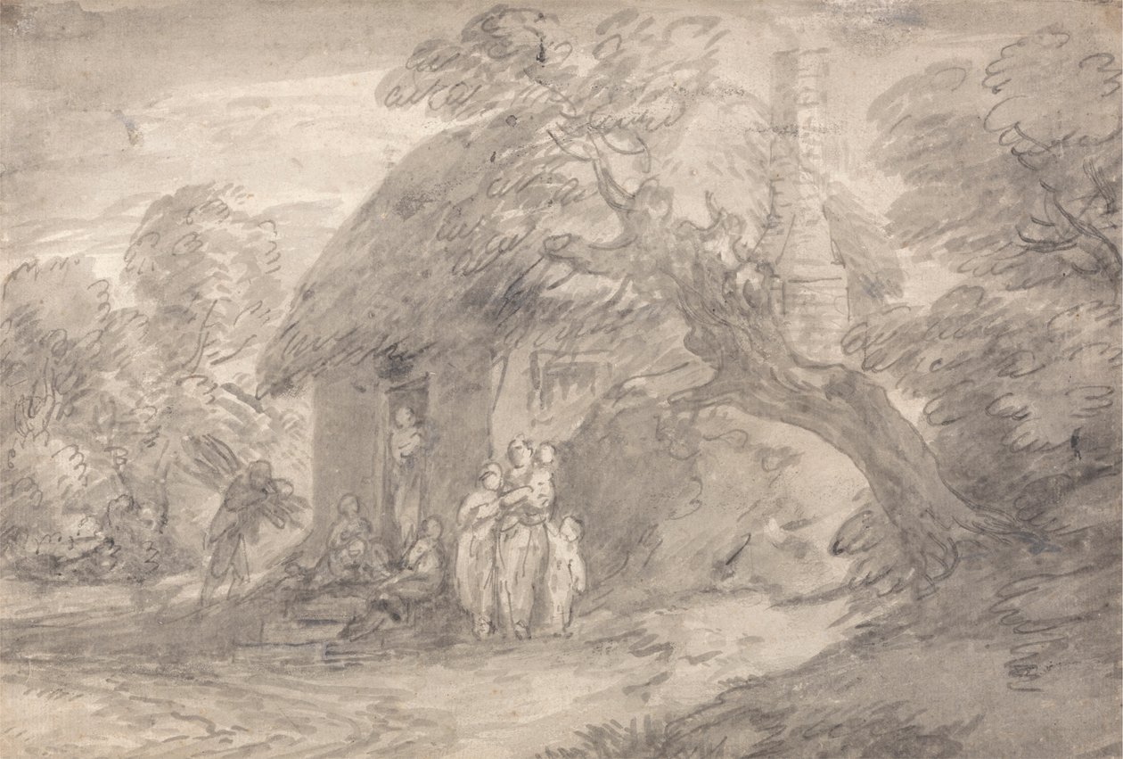 Metsäinen maisema hahmoineen mökin oven ulkopuolella tekijältä Thomas Gainsborough