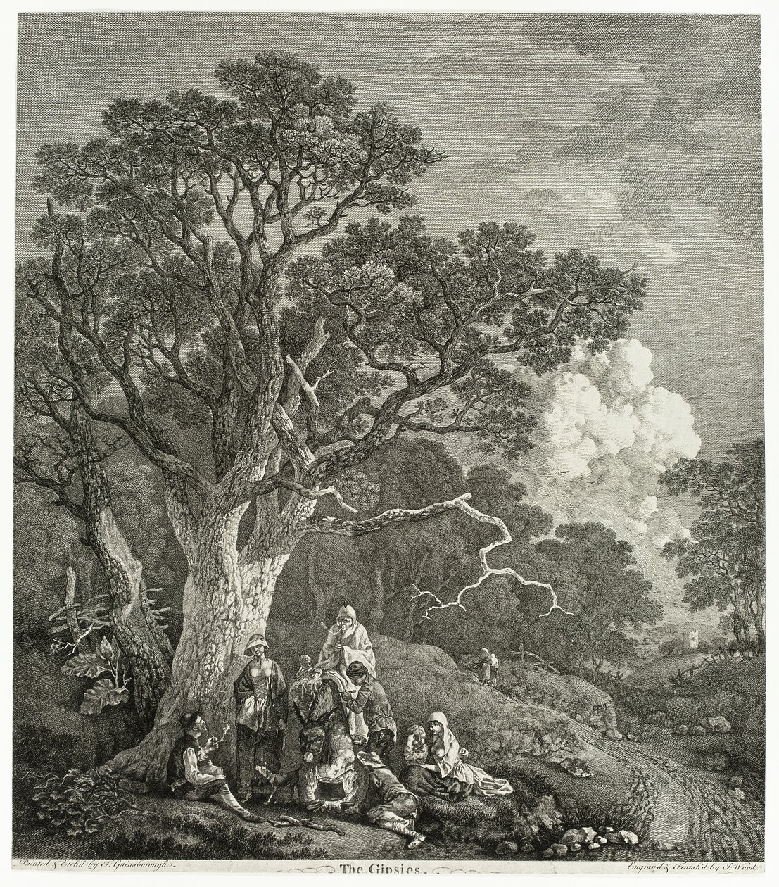 Metsäinen maisema, jossa mustalaiset kokoontuivat tulen ympärille tekijältä Thomas Gainsborough