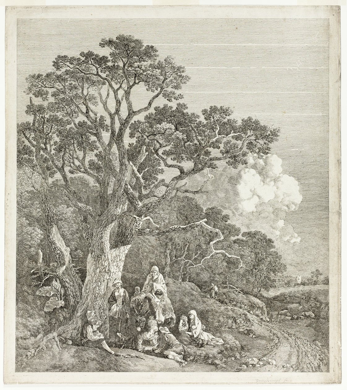 Metsäinen maisema, jossa mustalaiset kokoontuivat tulen ympärille tekijältä Thomas Gainsborough