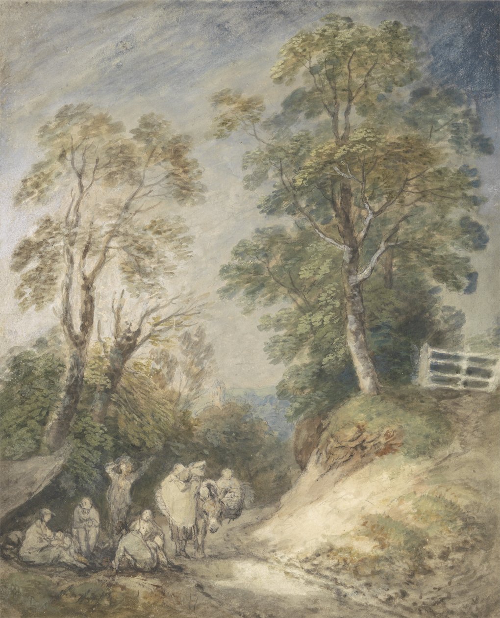 Metsämaisema mustalaisleirin kanssa, n. 1760-1765 (akvarelli ja guassi kynällä ja liidulla paperilla) tekijältä Thomas Gainsborough