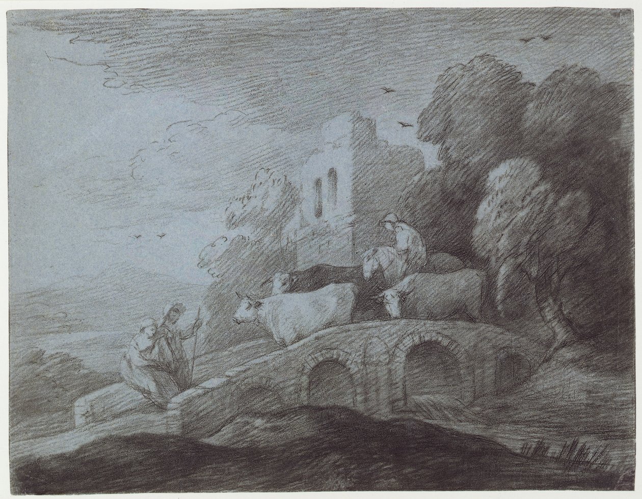 Metsäinen maisema, jossa paimen ajaa karjaa (etsaus paperille) tekijältä Thomas Gainsborough