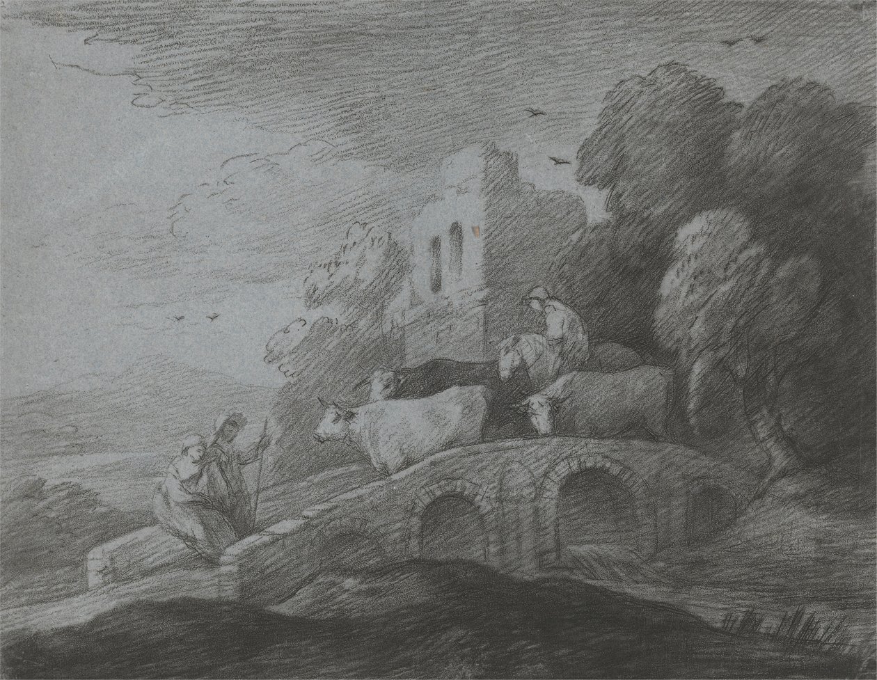 Metsäinen maisema, jossa paimen ajaa karjaa sillan yli, maalaismaisia rakastajia ja raunioitunut linna tekijältä Thomas Gainsborough