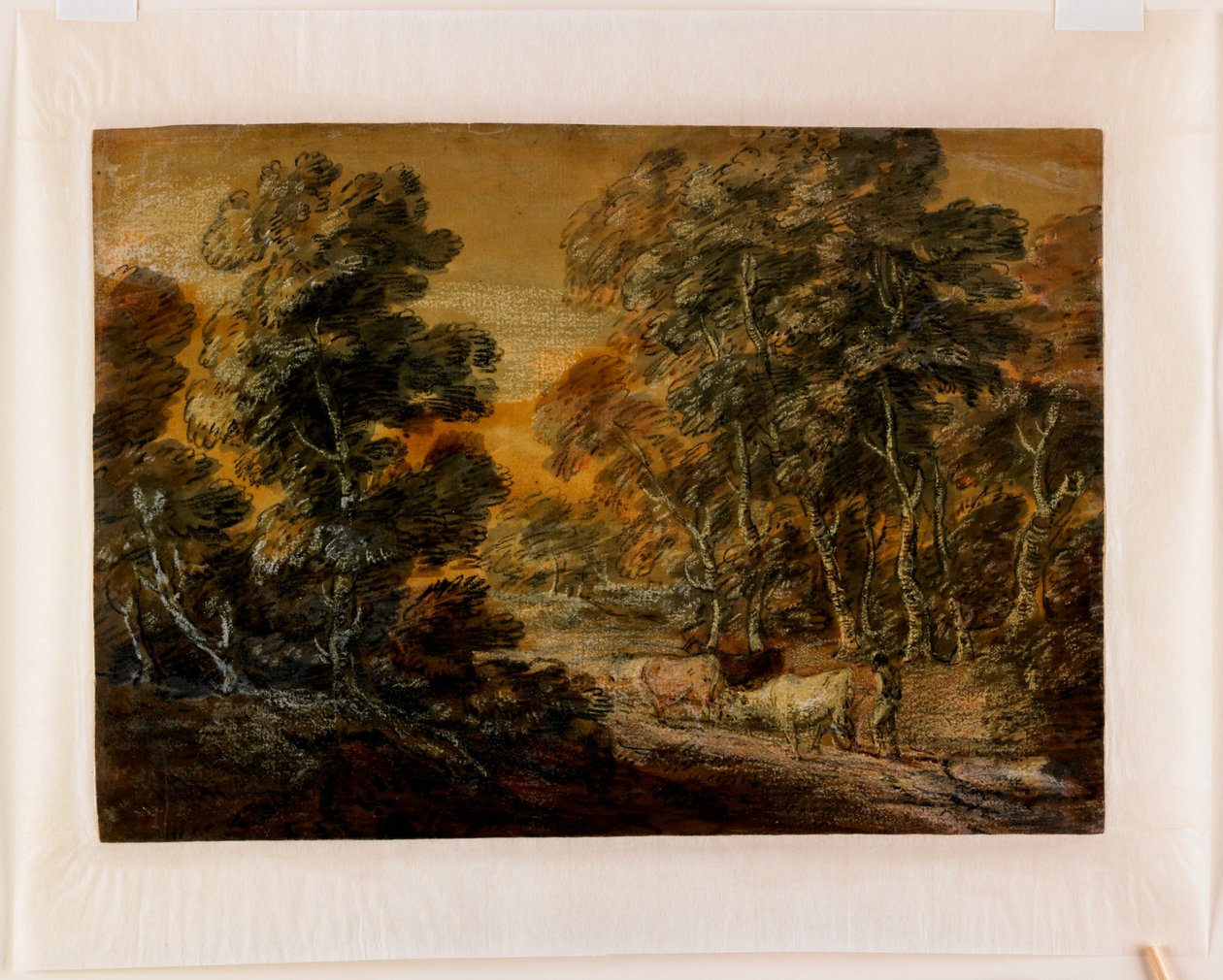 Metsäinen maisema, jossa on paimen ja karja, noin 1770 (mustavalkoinen liitu, lakattu) tekijältä Thomas Gainsborough