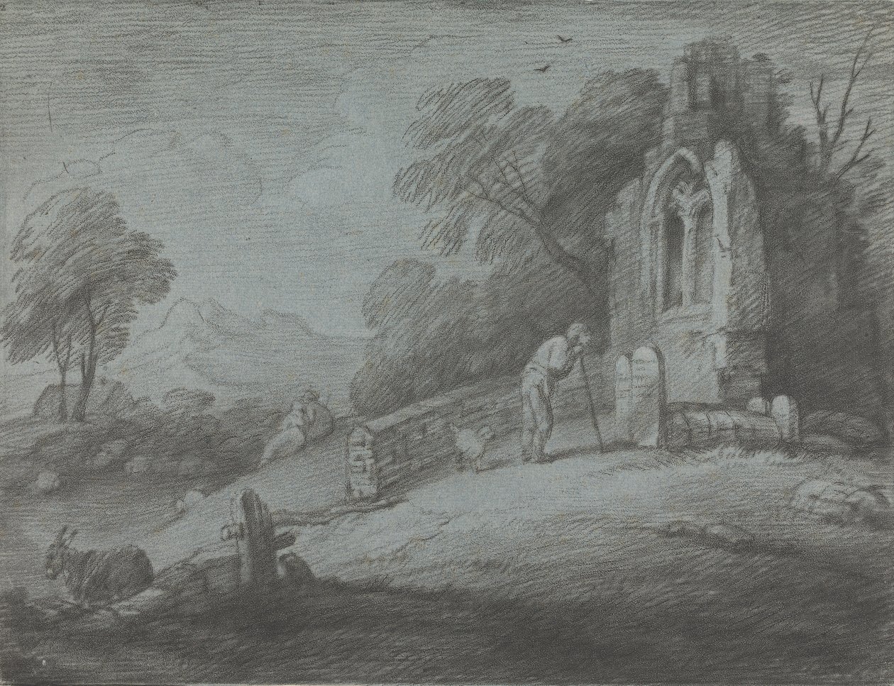 Metsäinen maisema, jossa on talonpoikien lukuhautakivi, maalaismaisia rakastajia ja rauniokirkko tekijältä Thomas Gainsborough