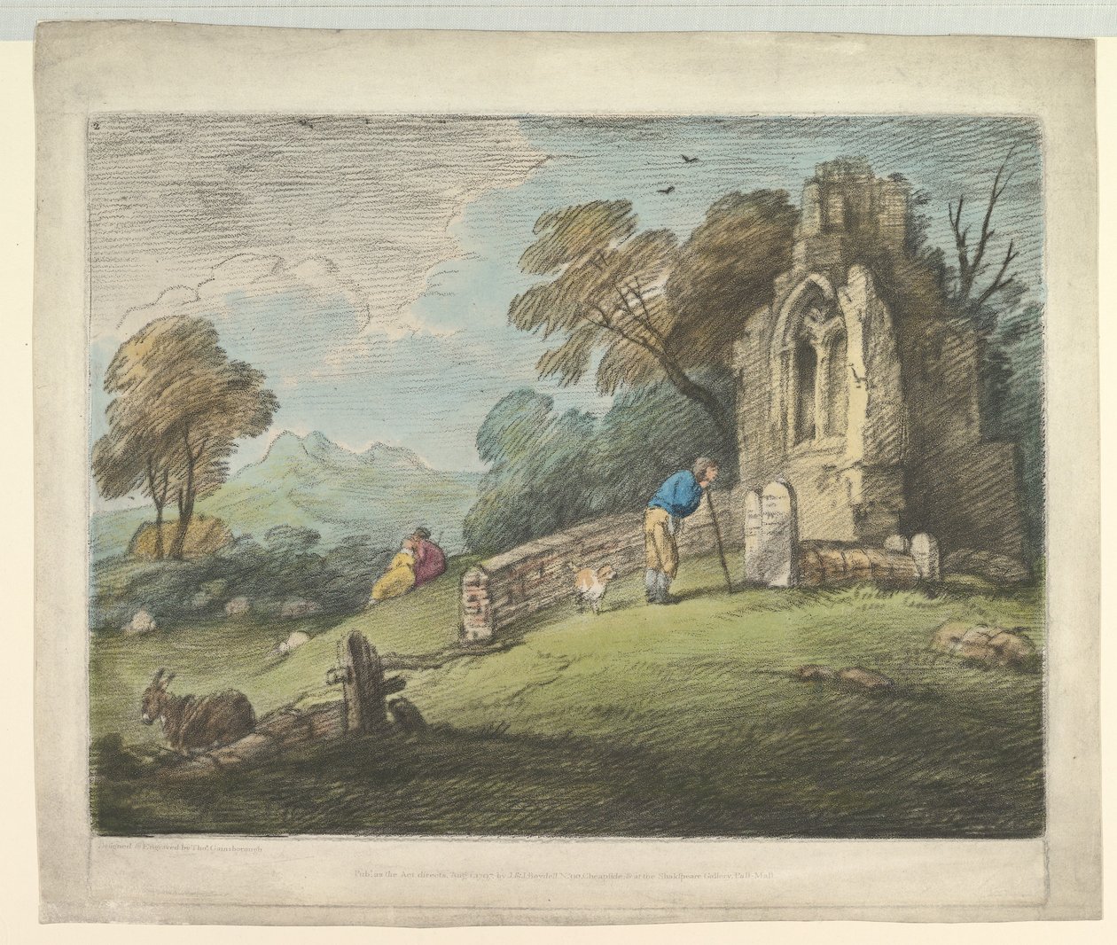 Metsäinen maisema talonpoikien lukuhautakivillä, maalaismaisia rakastajia ja rauniokirkko, 1. elokuuta 1797. tekijältä Thomas Gainsborough