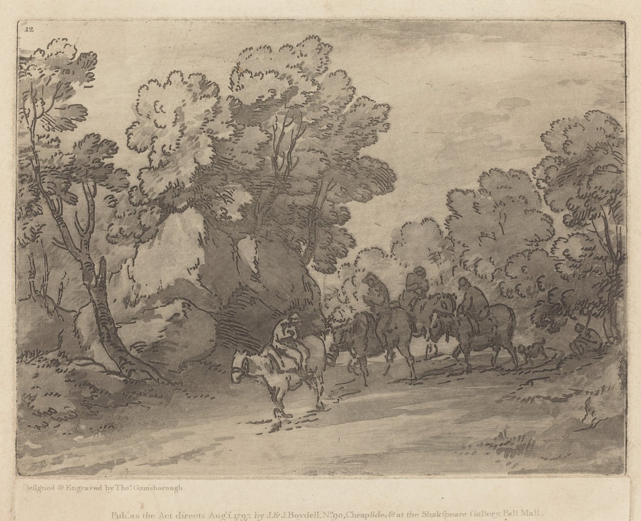 Metsäinen maisema ratsastajien kanssa tekijältä Thomas Gainsborough