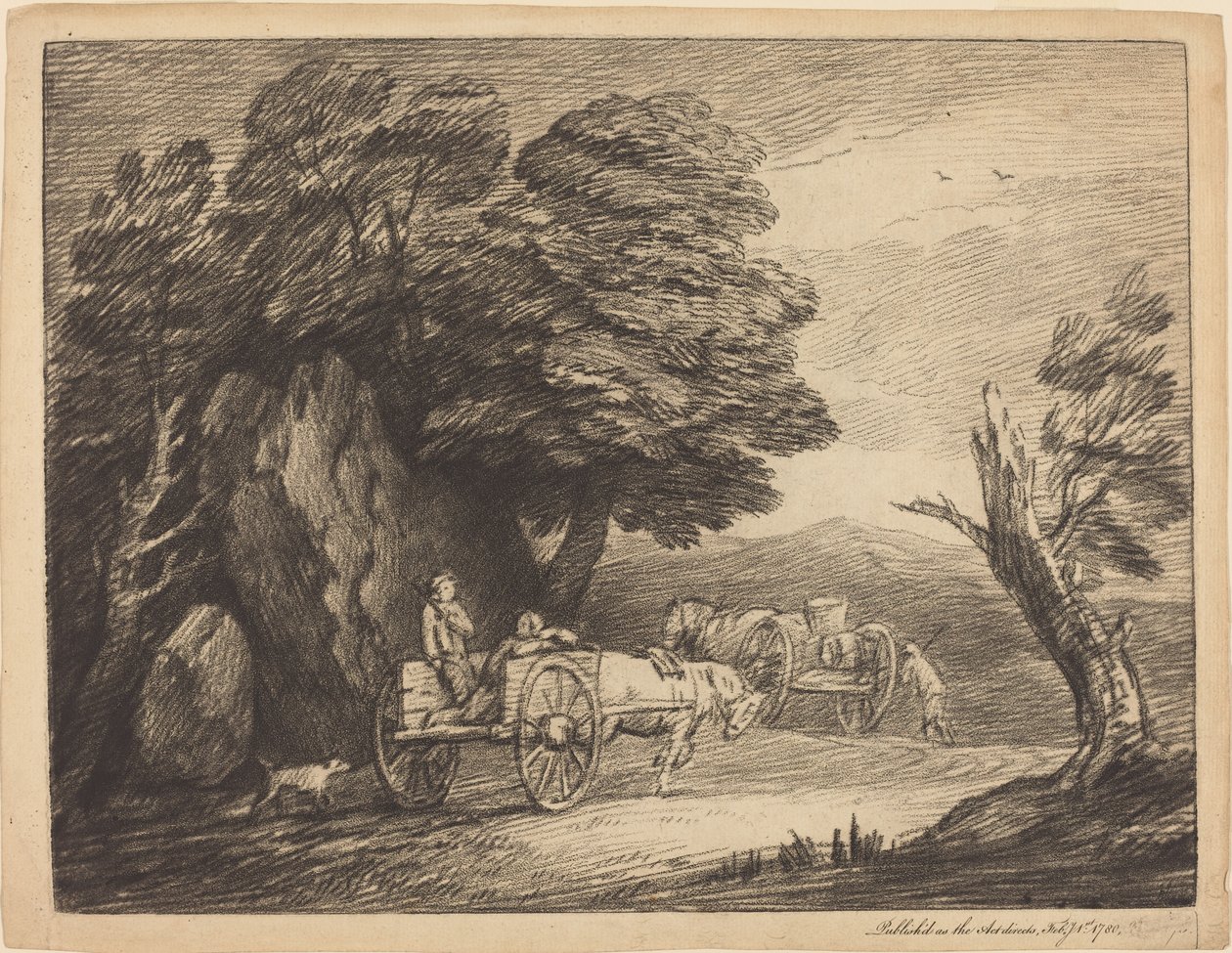 Metsäinen maisema, jossa on kaksi maakärryä ja hahmoja tekijältä Thomas Gainsborough