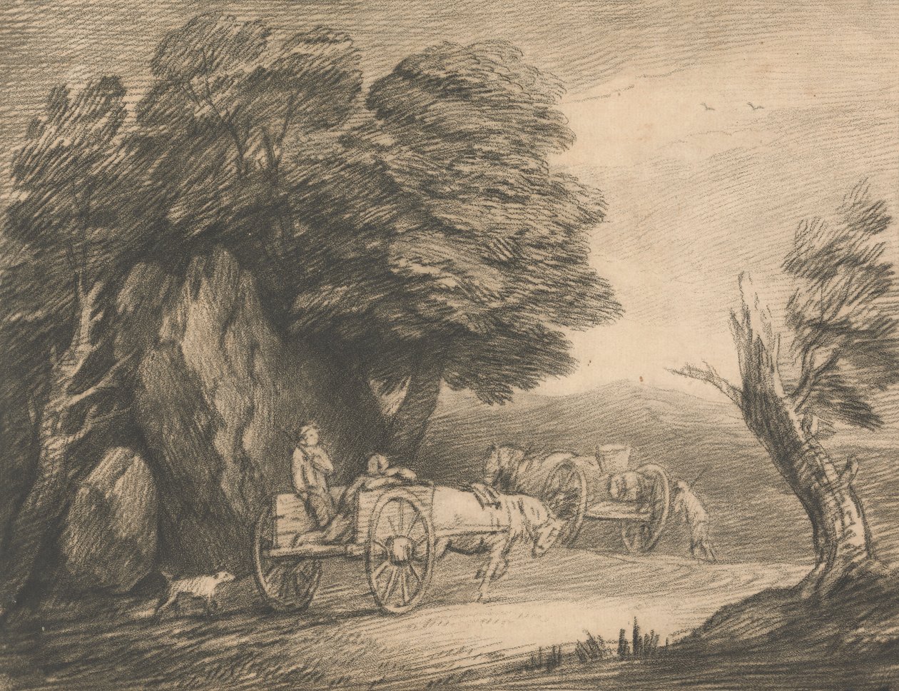 Metsäinen maisema, jossa on kaksi maakärryä ja hahmoja tekijältä Thomas Gainsborough