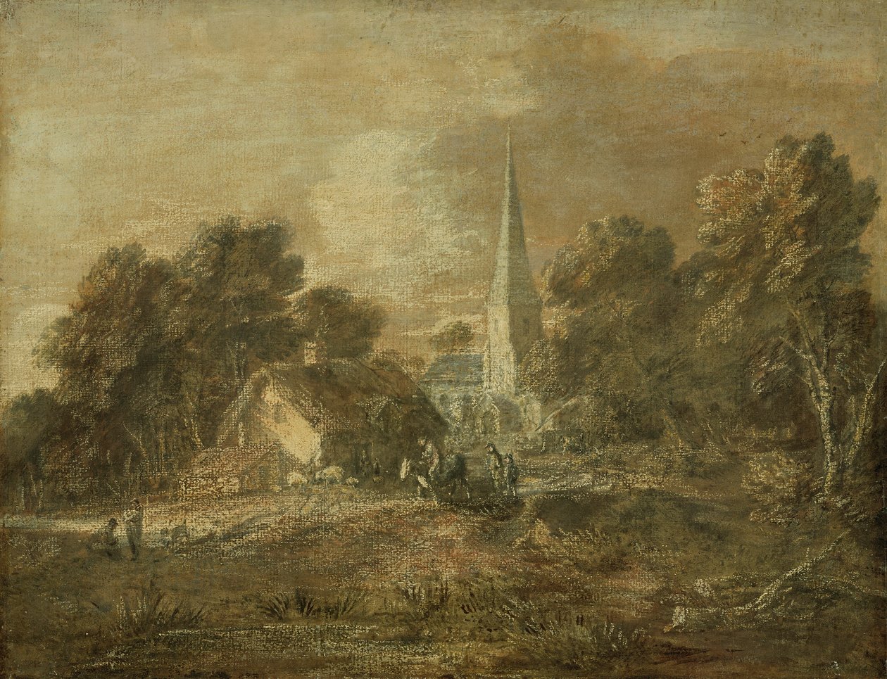 Metsäinen maisema kyläkuvauksella tekijältä Thomas Gainsborough