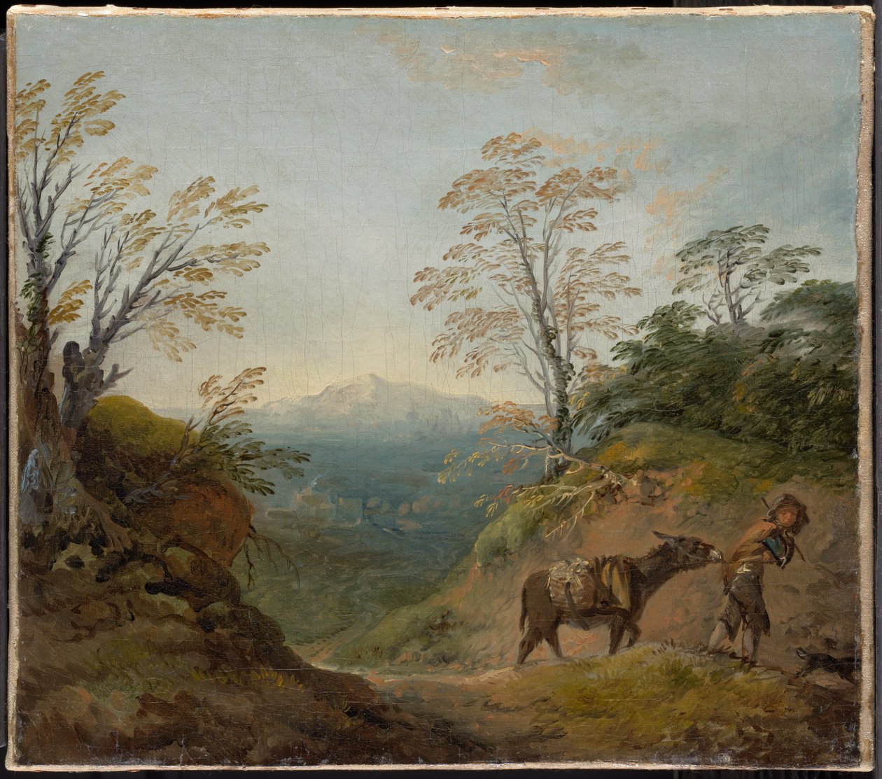 Metsäinen maisema, jossa poika taluttaa aasia ja koiraa, sekä laaja panoraama rakennuksineen ja kaukaisine kukkuloineen tekijältä Thomas Gainsborough