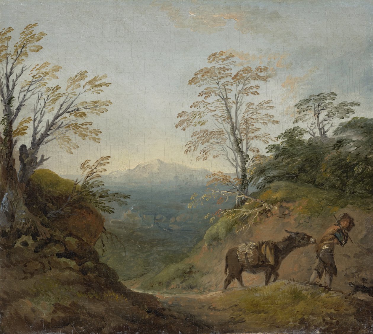 Metsäinen maisema, jossa poika johtaa aasia ja koiraa, ja laaja panoraama rakennuksilla ja kaukaisilla kukkuloilla, 1760-luvun alku tekijältä Thomas Gainsborough