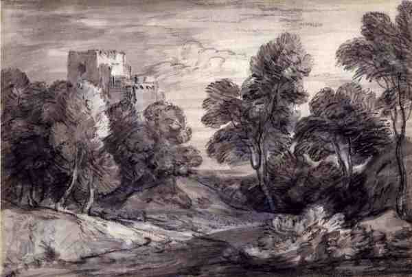 Metsäinen maisema linnalla (liitu ja hiili paperilla) tekijältä Thomas Gainsborough