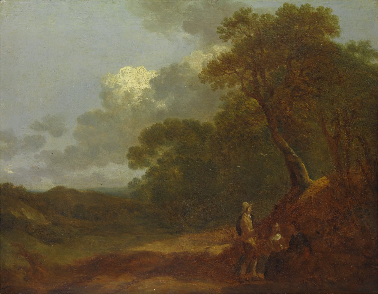 Metsäinen maisema, jossa mies puhuu kahdelle istuvalle naiselle, n. 1745. tekijältä Thomas Gainsborough