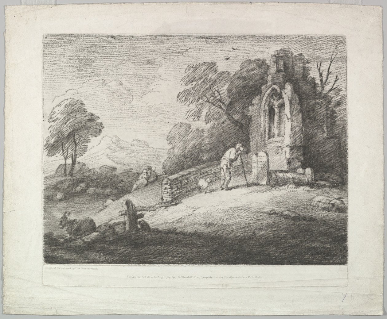 Metsäinen maisema, jossa hautakiveä lukeva talonpoika, maalaismainen rakastaja ja raunio..., 1. elokuuta 1797. tekijältä Thomas Gainsborough