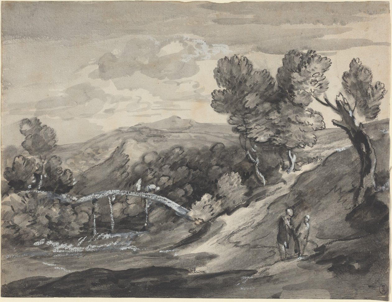 Metsäinen ylänkömaisema ja silta tekijältä Thomas Gainsborough