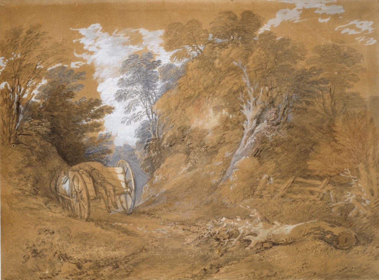 Metsäinen maisema, jossa talonpoika nukkuu kärryissä, 1700-luku tekijältä Thomas Gainsborough