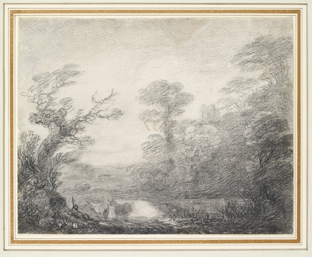 Metsäinen maisema, jossa paimen, lehmät ja kirkon torni tekijältä Thomas Gainsborough