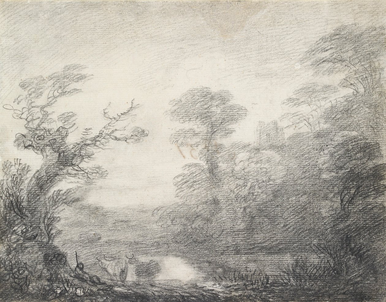 Metsäinen maisema, jossa paimen, lehmät ja kirkon torni, 1753-1757Metsäinen maisema, jossa paimen, lehmät ja kirkon torni, 1753-1757 tekijältä Thomas Gainsborough