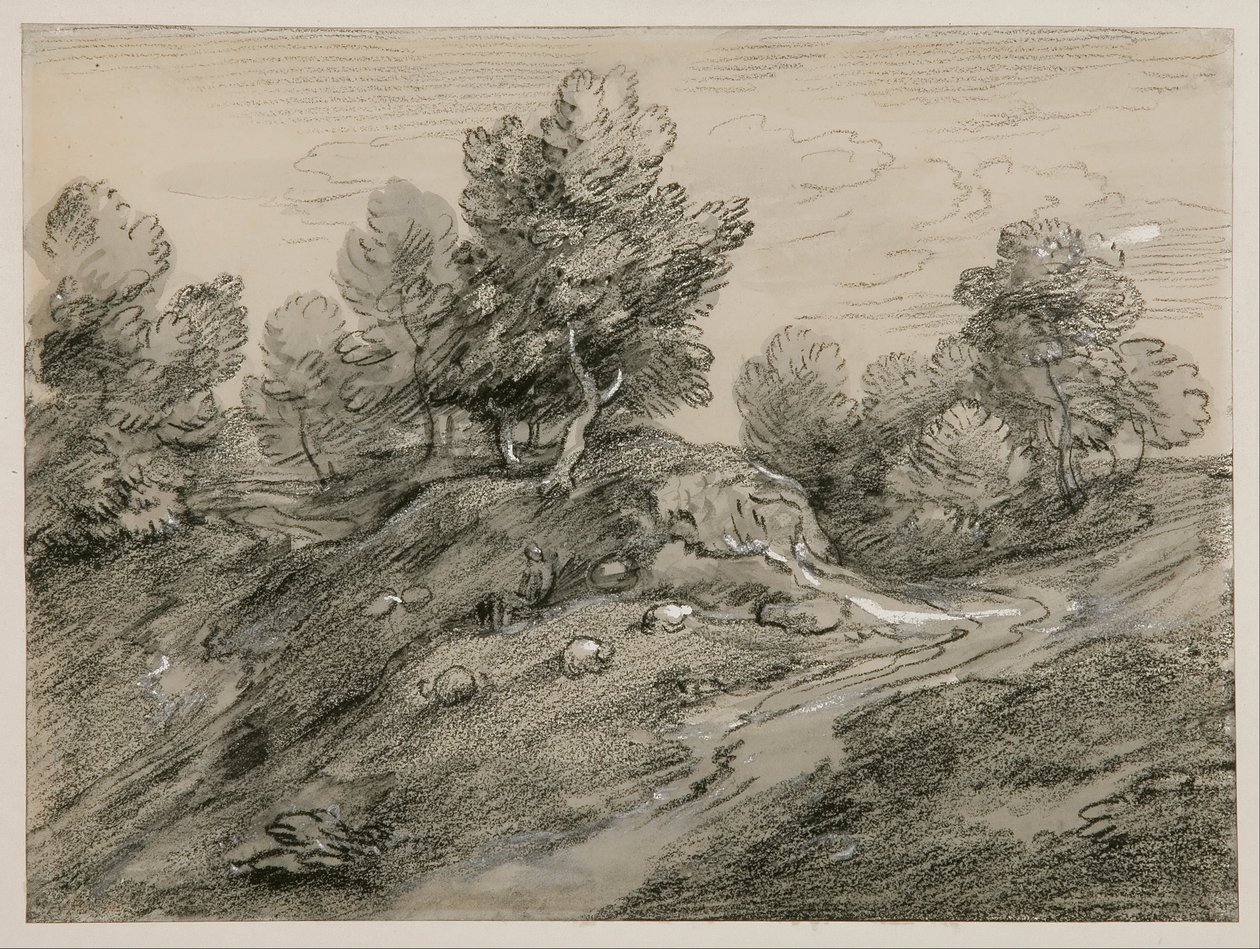 Metsäinen ylänkömaisema, jossa on paimen ja lampaita sekä kukkulan ympäri mutkitteleva maantie tekijältä Thomas Gainsborough