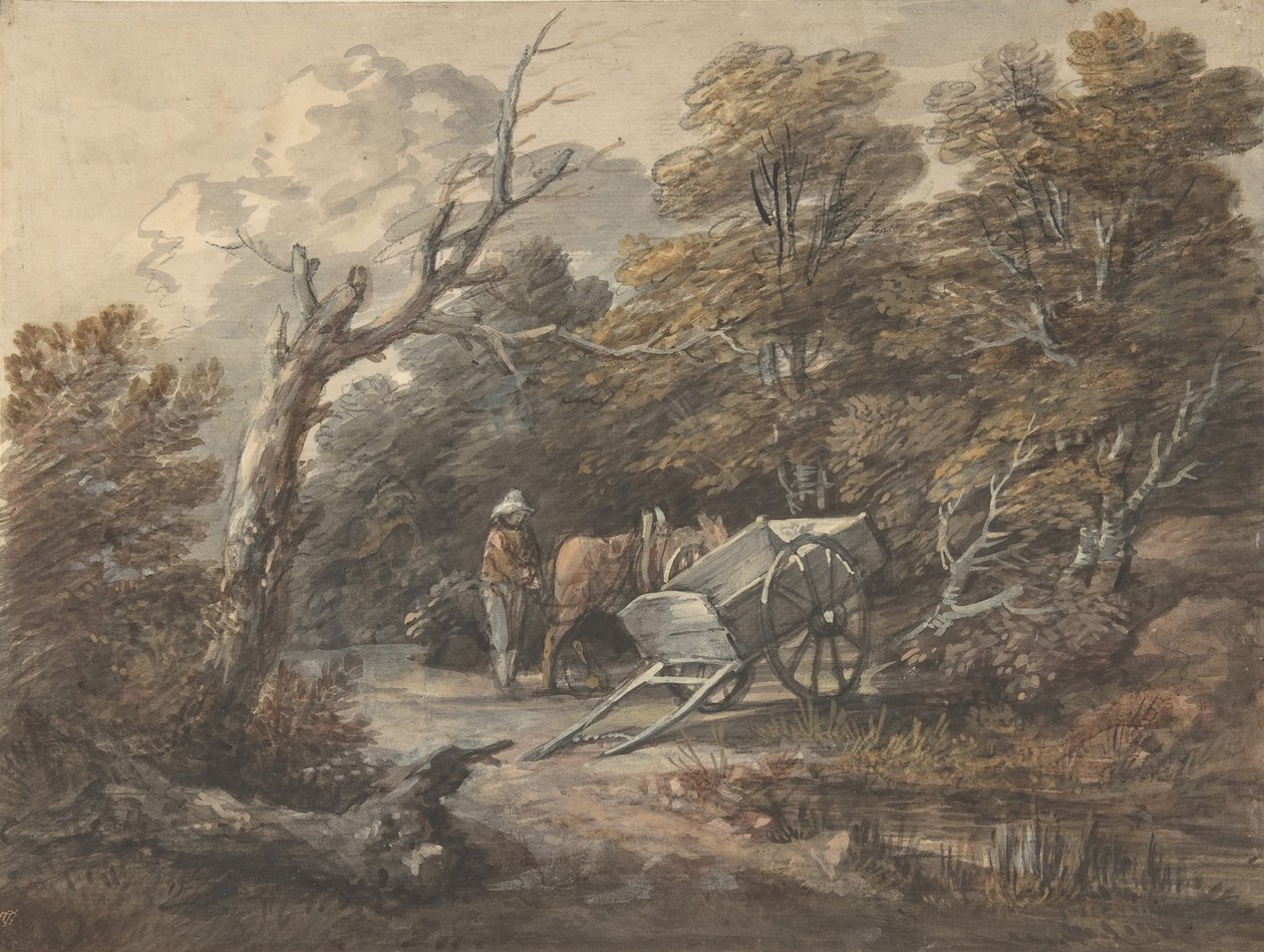 Metsäkohtaus talonpojan, hevosen ja kärryn kanssa, n. 1760. tekijältä Thomas Gainsborough