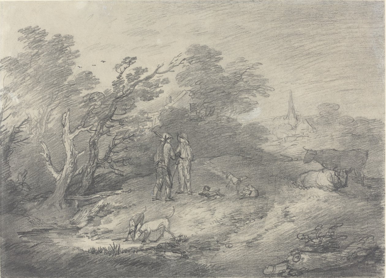 Metsä lähellä kylää, jossa on kaninpyörittäjät ja heidän vinttikoiransa tekijältä Thomas Gainsborough