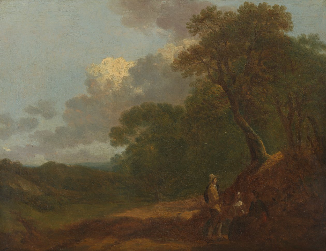 Metsäinen maisema, jossa mies puhuu kahdelle istuvalle naiselle tekijältä Thomas Gainsborough RA