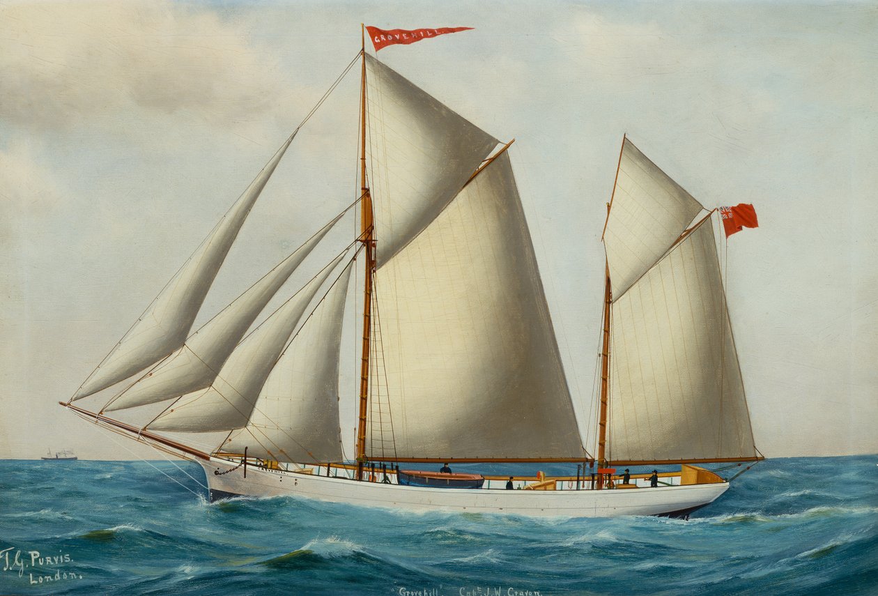 The Fore and Aft Schooner Grovehill Full Sailissa (öljy kankaalle) tekijältä Thomas George Purvis