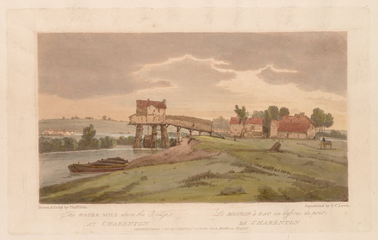 Valikoima 20 Pariisin kauneimmasta näkymistä: Vesimylly sillan yläpuolella...1803 tekijältä Thomas Girtin