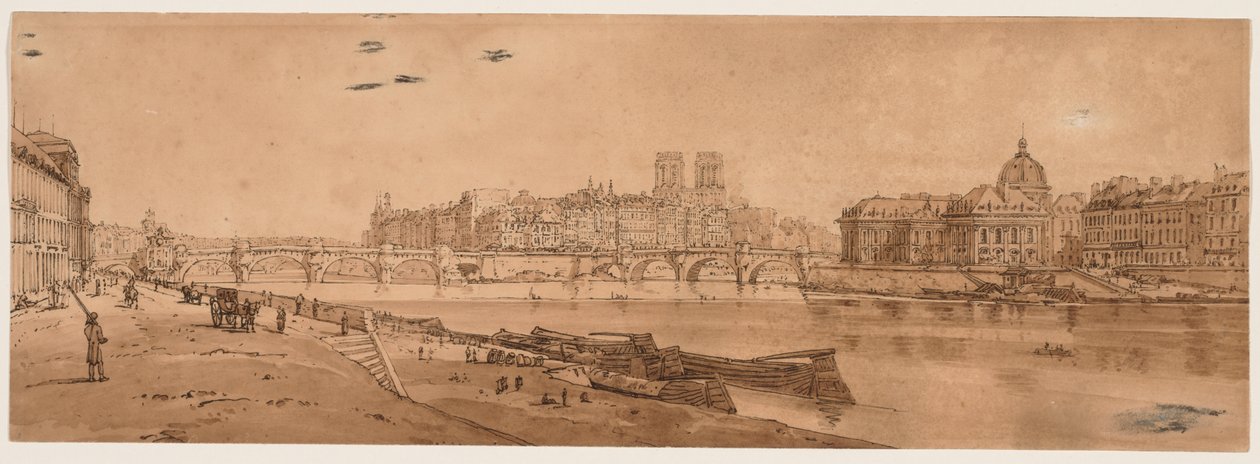 Valikoima 20 Pariisin kauneimmista näkymistä: Näkymä Pont Neufille, osa Louvrea, Notre Dame ja College of Four Nations tekijältä Thomas Girtin